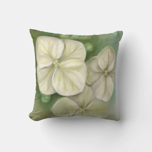 Soft Cream White Pastel Hydrangea Floral Throw Pillow (Front)