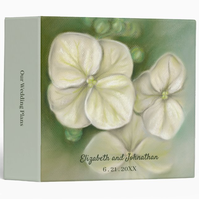 Soft Cream White Pastel Hydrangea Floral Wedding 3 Ring Binder (Front/Spine)