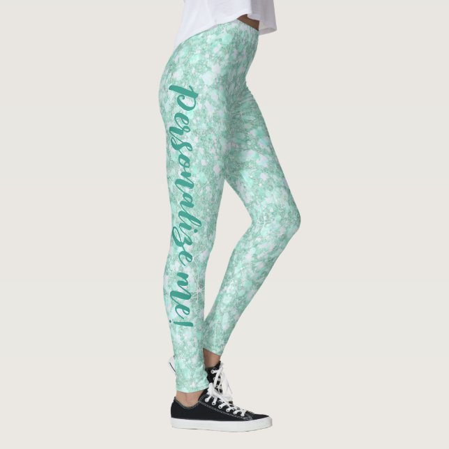 Soft Crystaline Aqua Blue Glitter CUSTOM TEXT Leggings (Right)