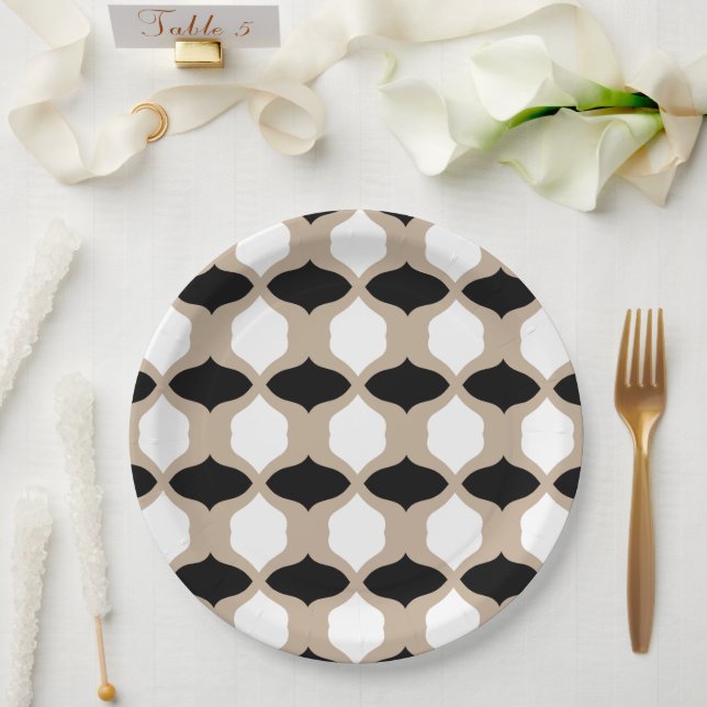 Soft Curves Pattern - Taupe, Black and White Paper Plates (Wedding)