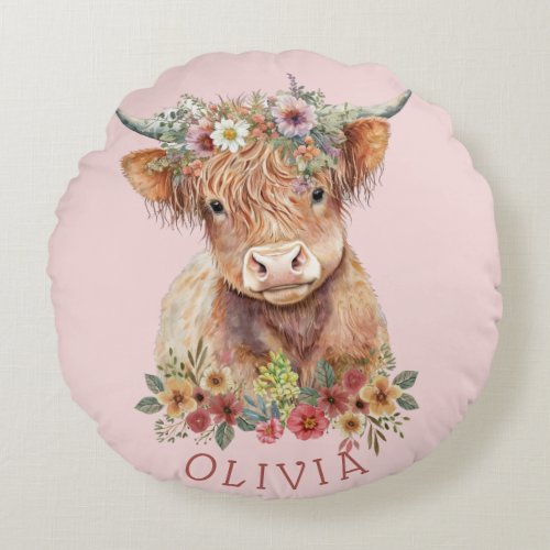 Soft Customizable Pink Highland Cow Design Floral Round Pillow