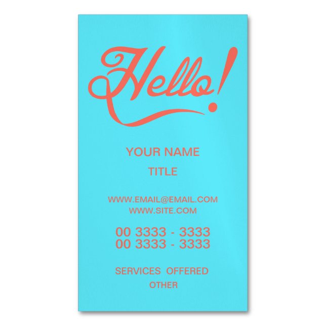 Soft cyan and Bittersweet Hello Business Card Magnet (Front Vertical)