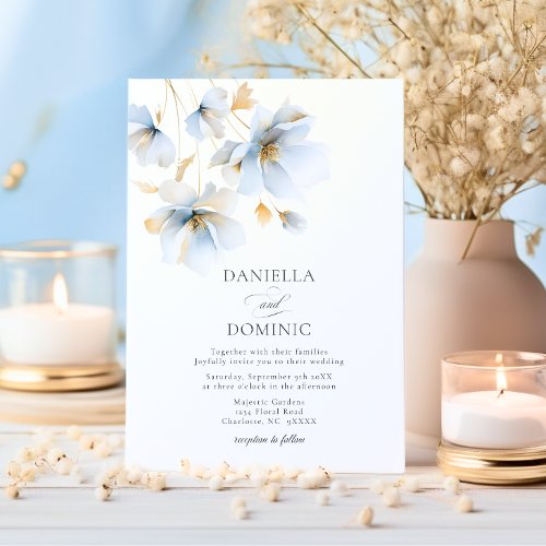 Soft Delicate Dusty Blue Gold Wildflowers Wedding Invitation