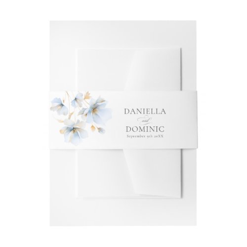Soft Delicate Dusty Blue Gold Wildflowers Wedding Invitation Belly Band