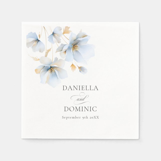 Soft Delicate Dusty Blue Gold Wildflowers Wedding Napkins (Front)