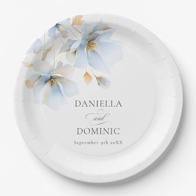 Soft Delicate Dusty Blue Gold Wildflowers Wedding Paper Plates (Front)