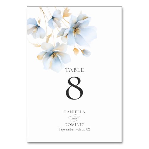 Soft Delicate Dusty Blue Gold Wildflowers Wedding Table Number