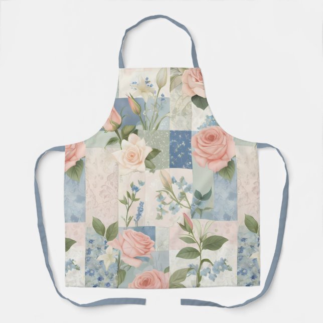 Soft Delicate Floral Pink And Blue Patchwork Apron (Front)