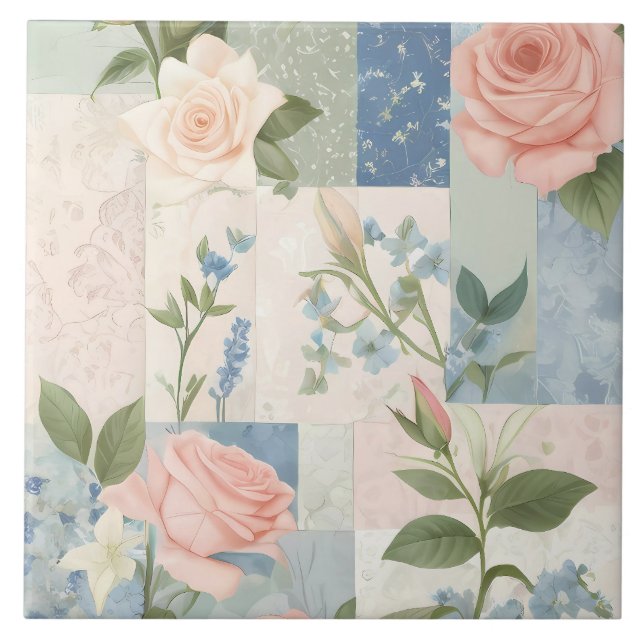Soft Delicate Floral Pink And Blue Patchwork Ceramic Tile (Front)