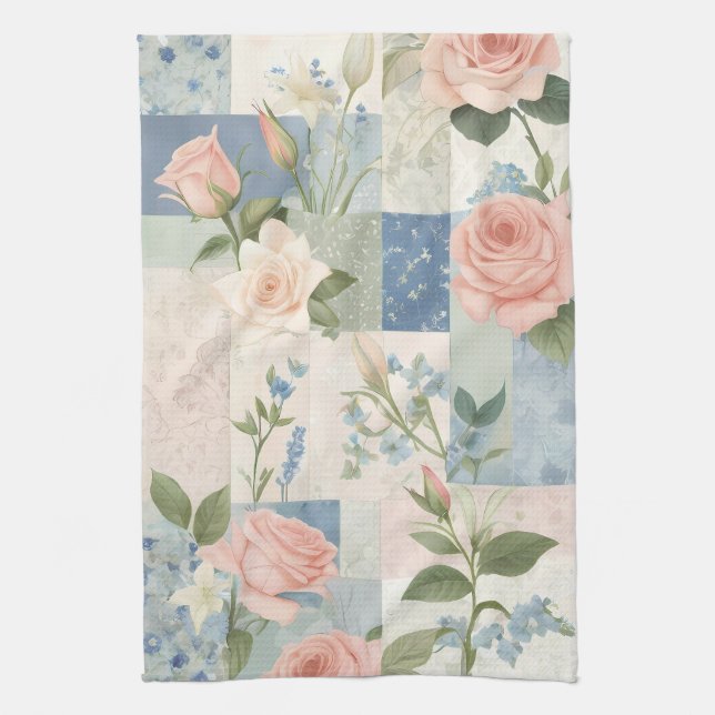Soft Delicate Floral Pink And Blue Patchwork Kitchen Towel (Vertical)