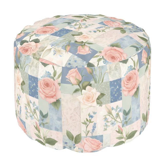 Soft Delicate Floral Pink And Blue Patchwork Pouf (Angled Front)