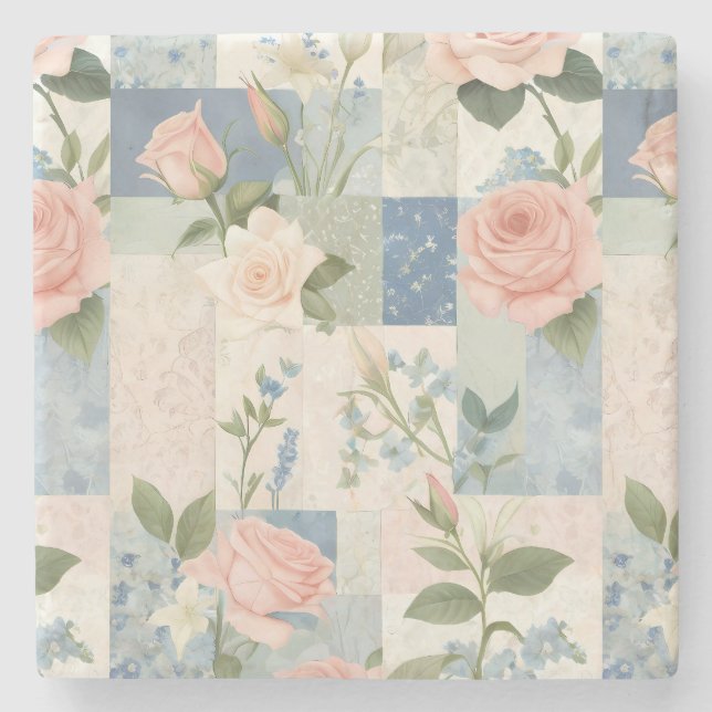 Soft Delicate Floral Pink And Blue Patchwork Stone Coaster (Front)