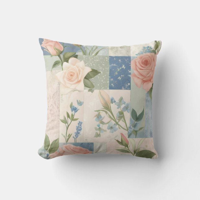 Soft Delicate Floral Pink And Blue Patchwork Throw Pillow (Front)