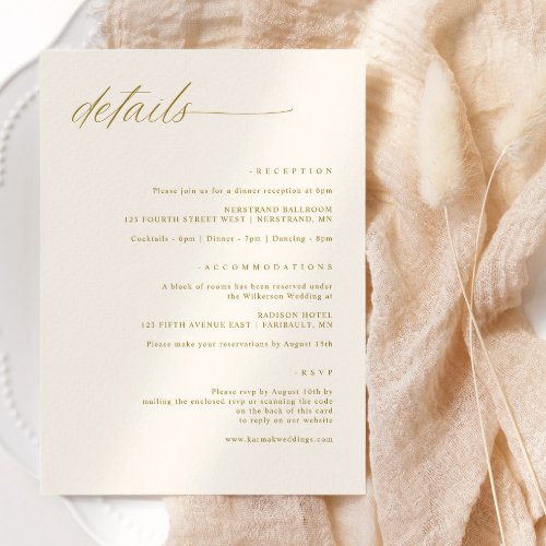 Soft Delicate Romantic Gold Cream Wedding Details Enclosure Card