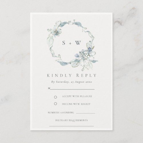 Soft Dusky Blue Flora Wreath Monogram Wedding RSVP Enclosure Card