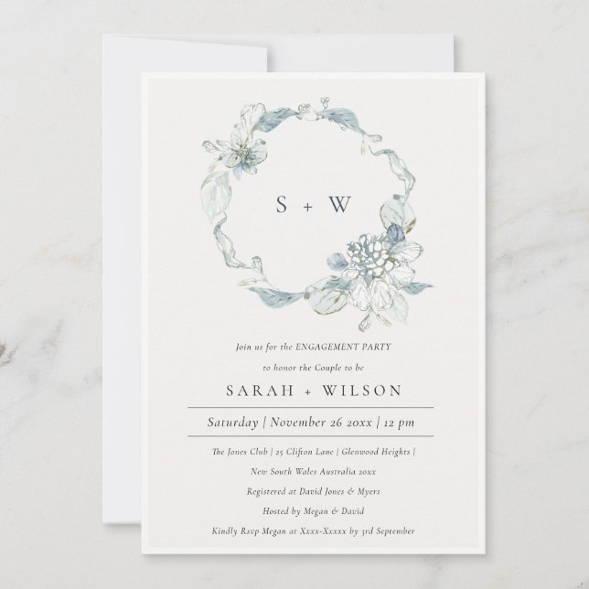 Soft Dusky Blue Floral Wreath Engagement Invite  (Front)