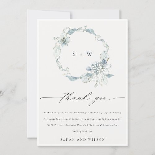 Soft Dusky Blue Floral Wreath Monogram Wedding Thank You Card