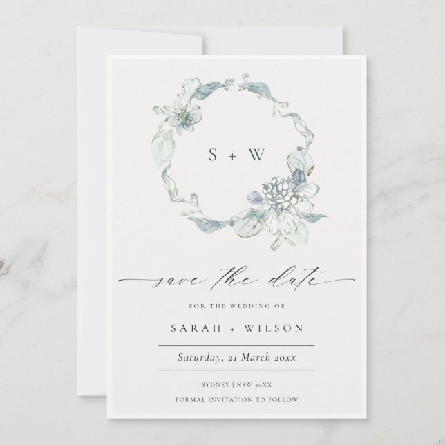Soft Dusky Blue Floral Wreath Save The Date Card (Front)