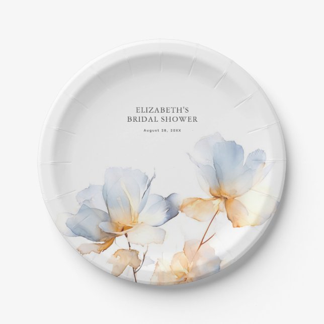 Soft Dusty Blue and Gold Flowers Elegant Paper Plates (Front)