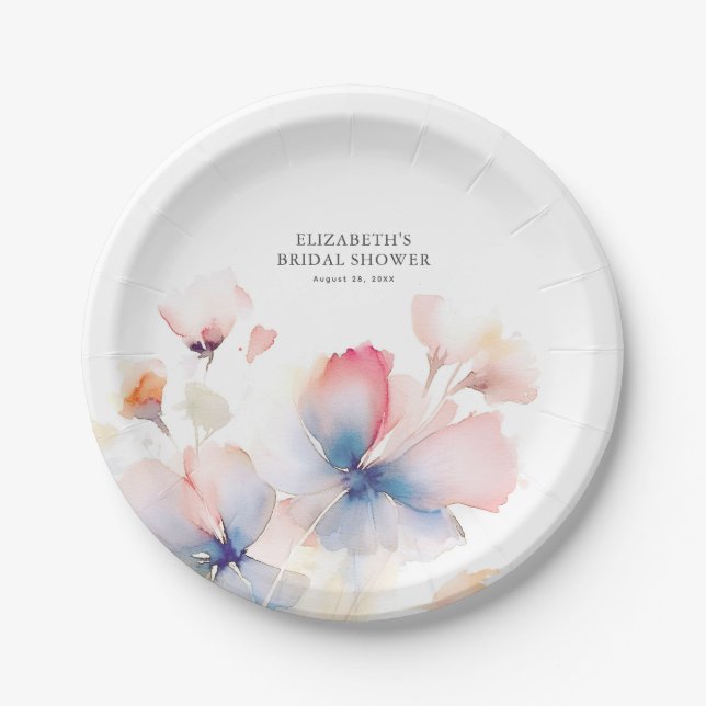 Soft Dusty Blue and Pink Flowers Elegant Paper Plates (Front)