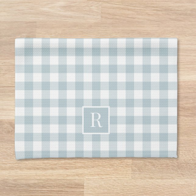 Soft Dusty Blue Buffalo Check Custom Initial Kitchen Towel (Creator Uploaded)