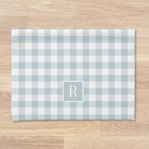 Soft Dusty Blue Buffalo Check Monogram Kitchen Towel