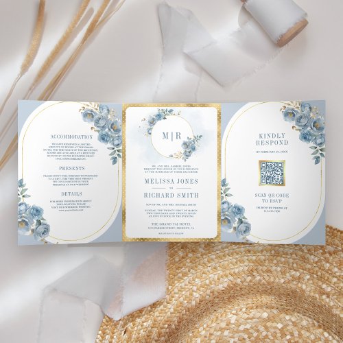 Soft Dusty Blue Floral Gold All in One Wedding Tri_Fold Invitation