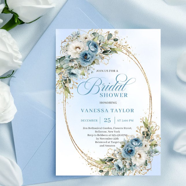 Soft Dusty Blue Floral Script Bridal Shower Invite (Soft Dusty Blue Floral Script Bridal Shower Invitation)