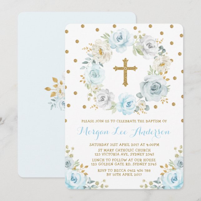 Soft Dusty Blue Gold Floral Baptism Christening Invitation (Front/Back)