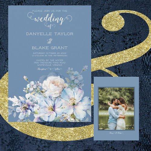 Soft Dusty Blue Ivory Floral Photo Wedding Invitation