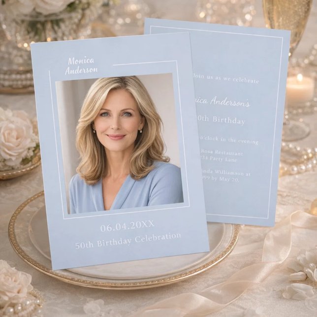 Soft dusty blue photo birthday invitation (Creator Uploaded)