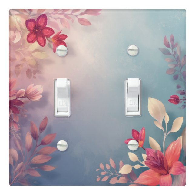 Soft Dusty Blue & Raspberry Floral Botanical Frame Light Switch Cover (In Situ)
