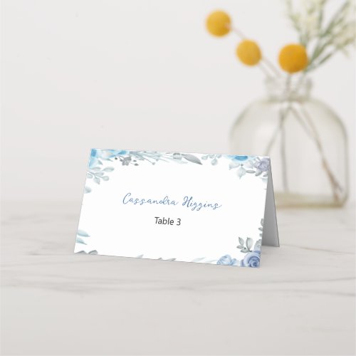 Soft Dusty Blue Rose Floral Guest Name Seating Place Card
