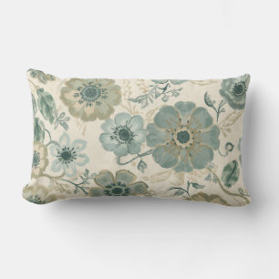 Soft Dusty Blue Sage Green Beige Farmhouse Floral Lumbar Pillow