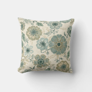Soft Dusty Blue Sage Green Beige Farmhouse Floral Throw Pillow