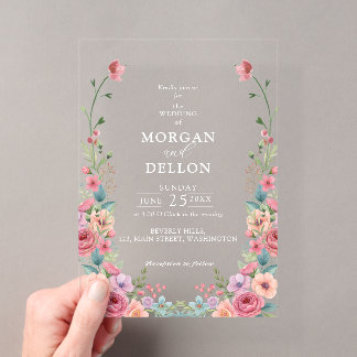 Soft Dusty Pink & Peach Watercolor Floral Wedding  Acrylic Invitations