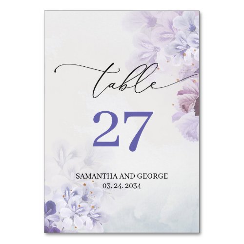 Soft dusty purple blue lilac violet flowers boho table number