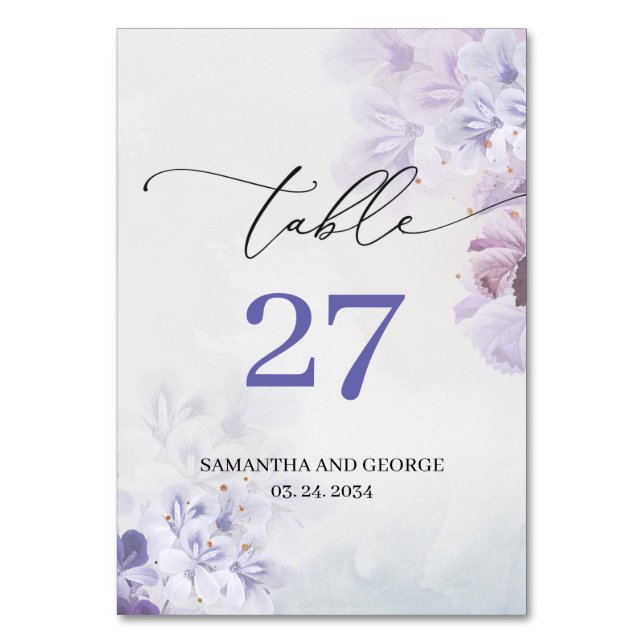 Soft dusty purple blue lilac violet flowers boho table number (Front)