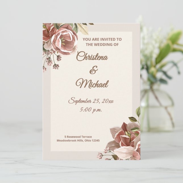 Soft Dusty Rose Floral Wedding Invitation (Standing Front)
