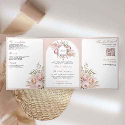 Soft Dusty Rose Pink Floral Pampas QR Code Wedding Tri_Fold Invitation