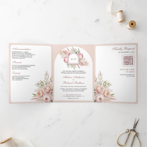 Soft Dusty Rose Pink Floral Pampas QR Code Wedding Tri_Fold Invitation