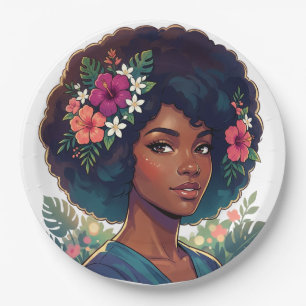 Soft Elegance Black Woman W/ Flower Crown Afro Paper Plates