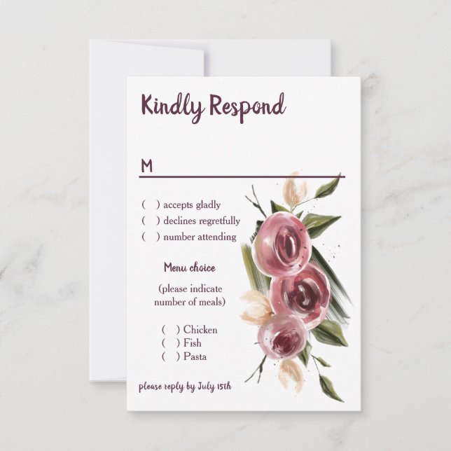 Soft Elegant Roses Burgundy Cream Frame RSVP Card (Front)