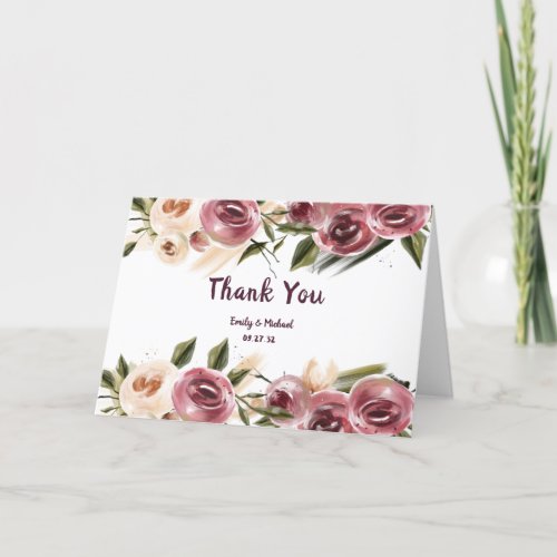 Soft Elegant Roses Burgundy Cream Frame Thank You Card