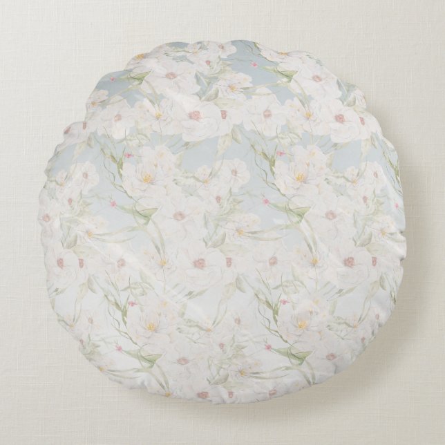 Soft Elegant White Floral Pattern Round Pillow (Front)