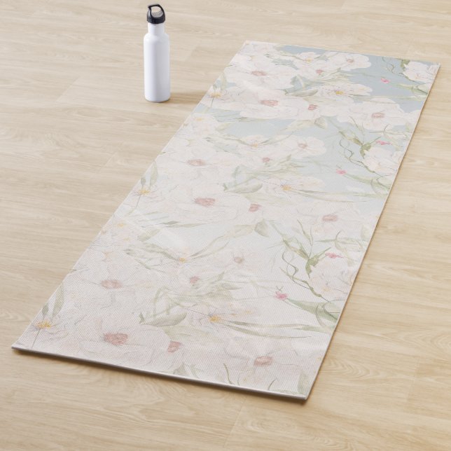 Soft Elegant White Floral Pattern Yoga Mat (In Situ)