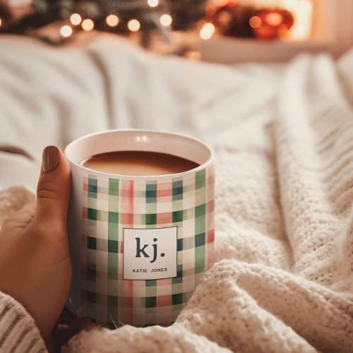 Soft Evergreen Gingham Monogram Coffee Mug