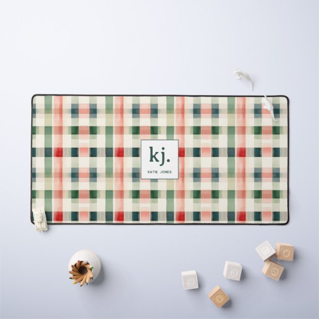 Soft Evergreen Gingham Monogram Desk Mat (Kids Table)
