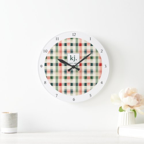 Soft Evergreen Gingham Monogram Large Clock