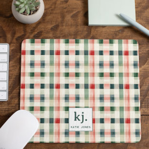 Soft Evergreen Gingham Monogram Mouse Pad